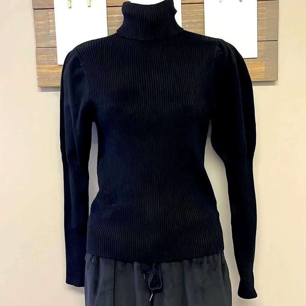 Lucca Women’s Black Turtleneck Ribbed Sweater Bubble Long Sleeves- Medium
